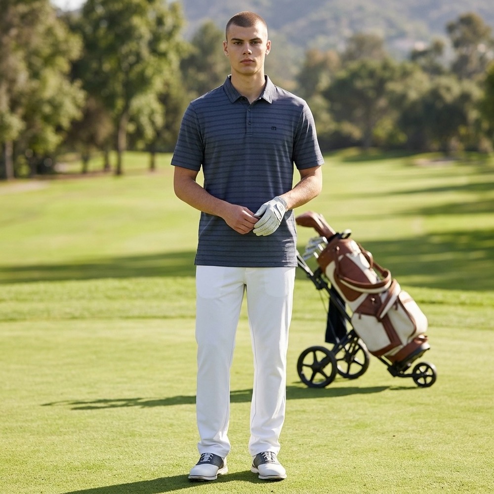 Travis Mathew Mens Small Navy Blue Striped Short Sleeve Golf Polo Shirt RN123280